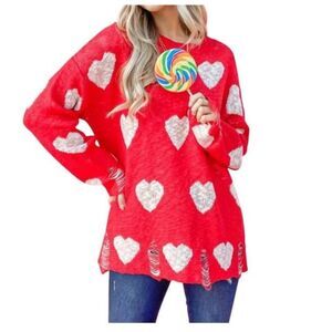 NWT ANDTHEWHY Oversized Distressed Heart Print Chunky Knit Red Sweater M/L